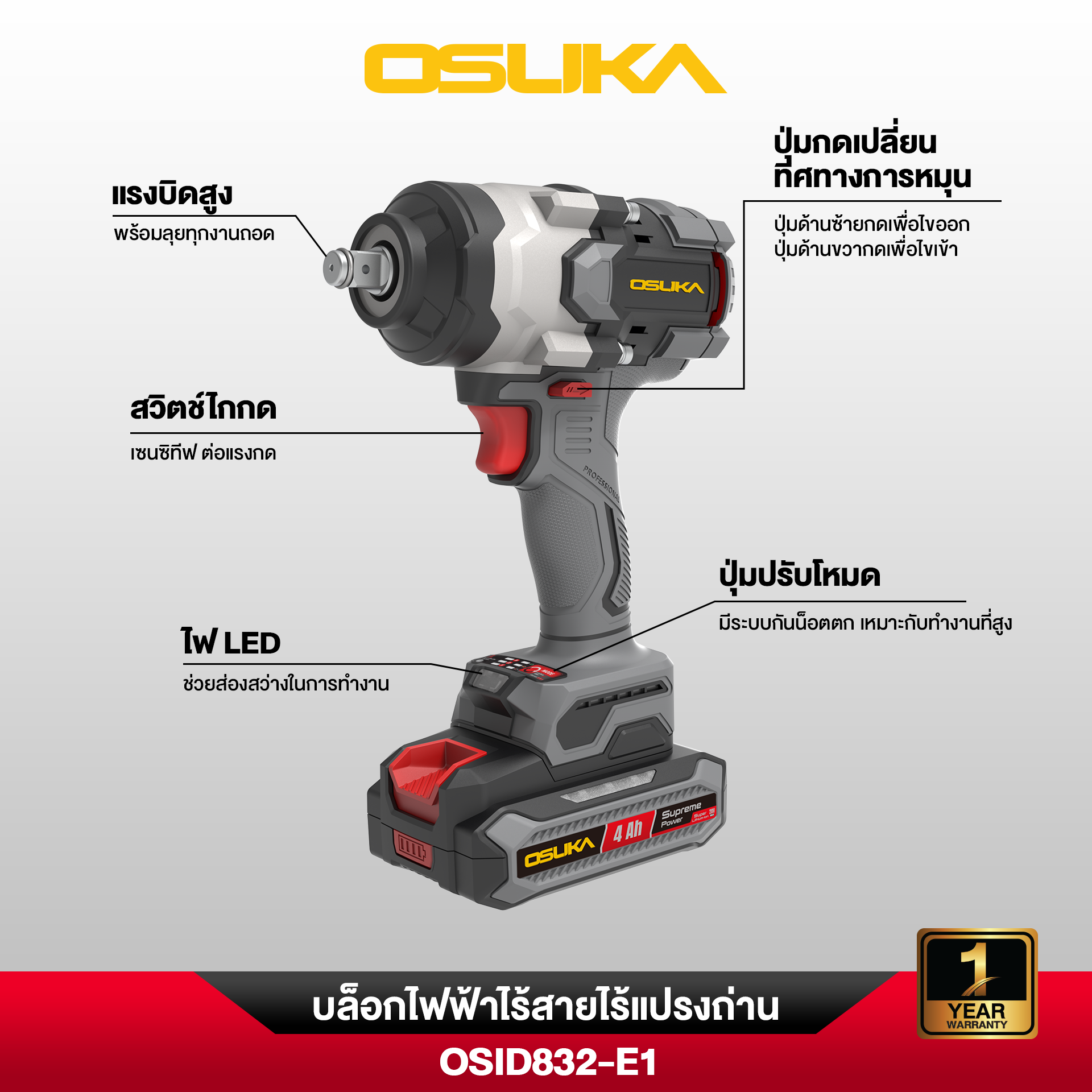 บล็อกไฟฟ้าไร้สายไร้แปรงถ่าน OSID832