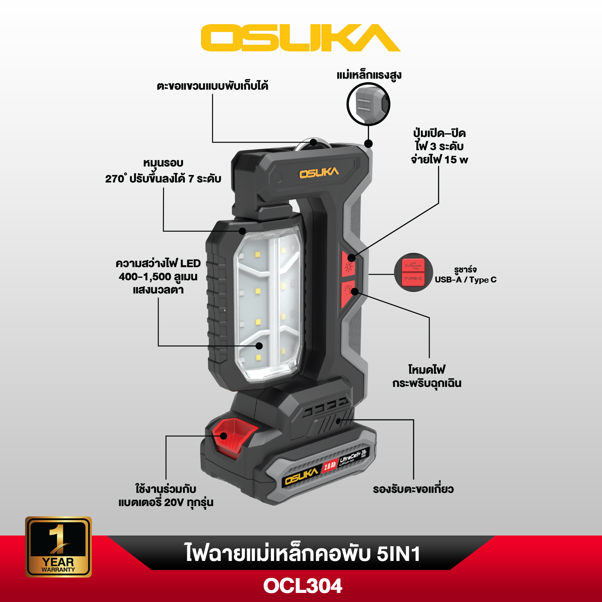 ไฟฉายแม่เหล็กคอพับไร้สาย 5IN1 20v OCL304