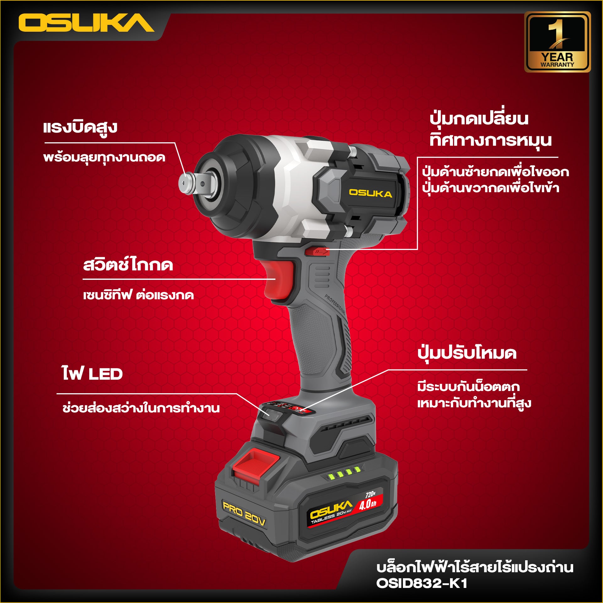 บล็อกไฟฟ้าไร้สายไร้แปรงถ่าน OSID832